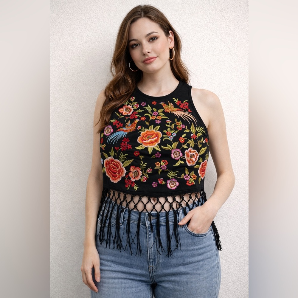 Forever 21 Large Embroidered Floral Bird Fringe Crop Top Boho Festival Black
